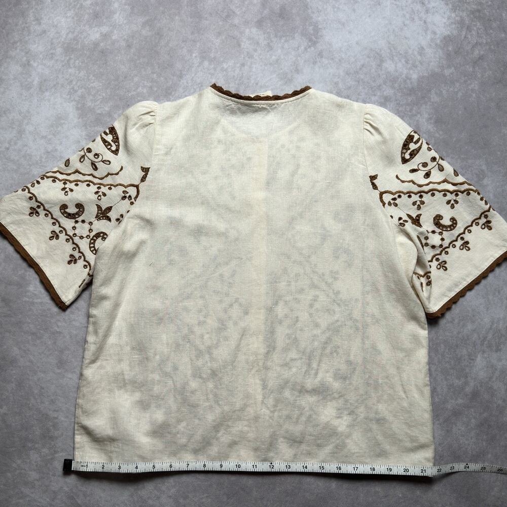 Sezane Waverly Blouse NWT Beige Brown Embroidered Linen Cotton Lace Trim 36 US 4 - Picture 9 of 16